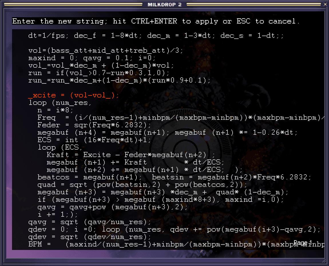 Milkdrop's integrated editor