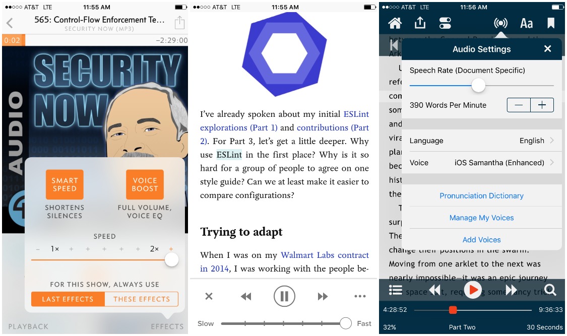 Using Overcast, Pocket and Dream Reader to listen
faster